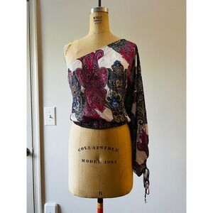 Y2K Arden B One Shoulder Paisley Blouse Pink Purple Beaded Cuff Boho festival M